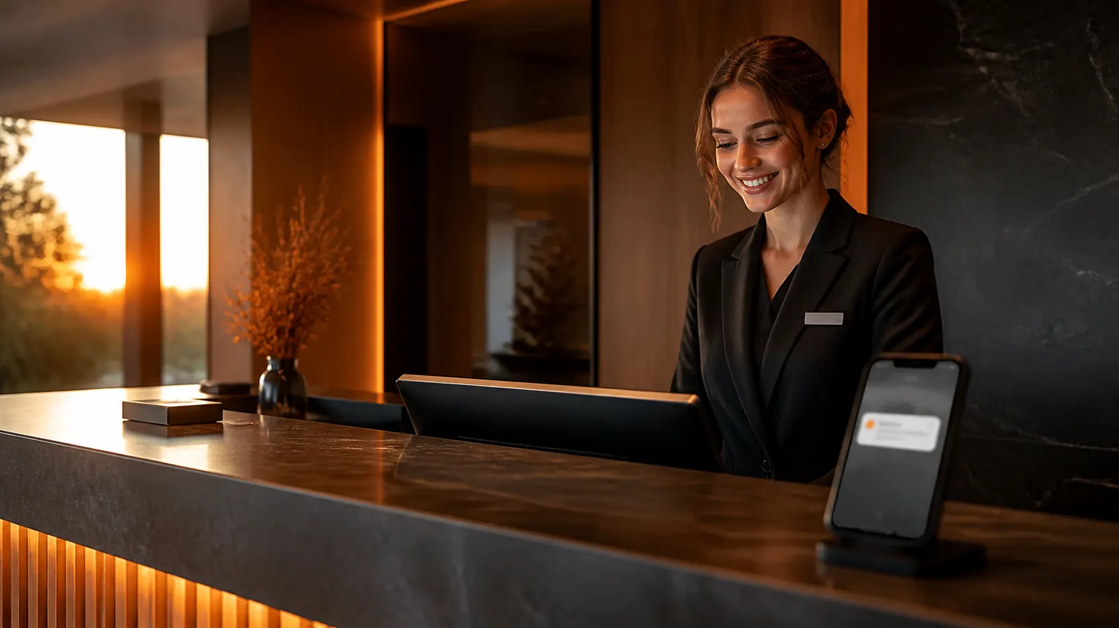 Hotel receptionist at a modern front desk with a booking notification on a smartphone